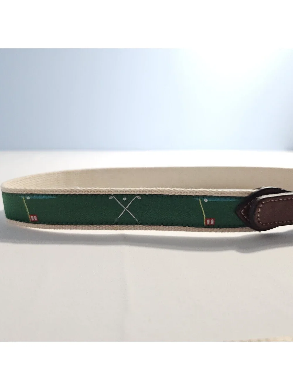 Golf Theme Canvas & Leather Belt Brown Leather Gold Buckle Green Golf Flag Clubs